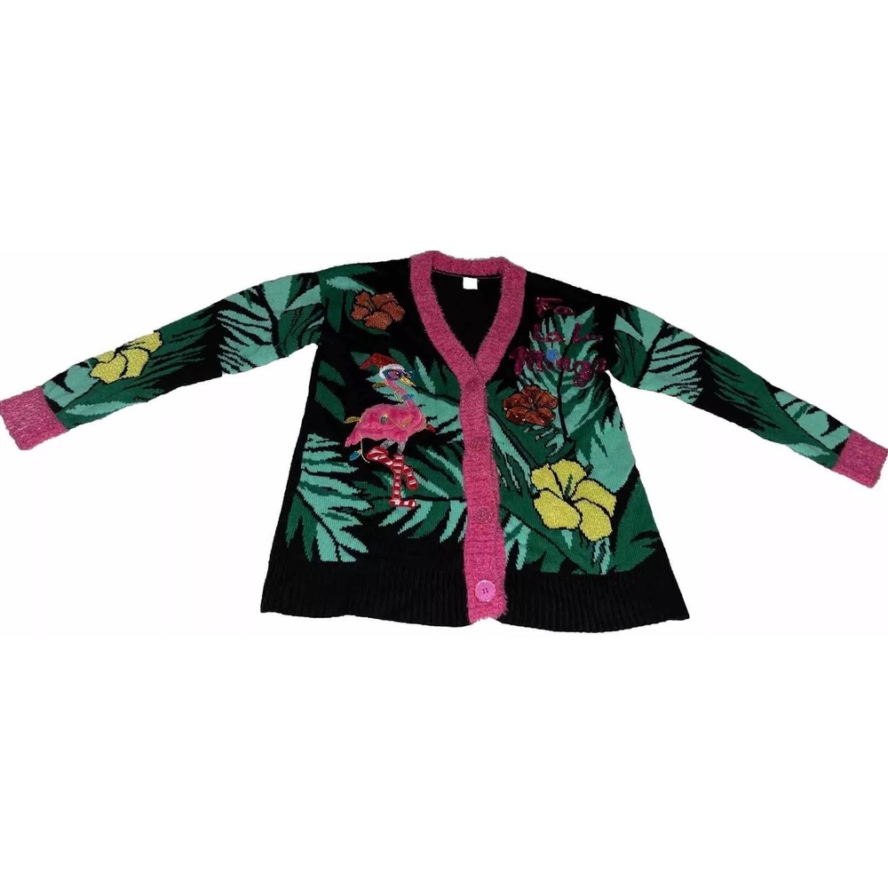 Ugly Christmas Cardigan Sweater Black Tropical Flamingo Pink Fur Trim Sequin LRG